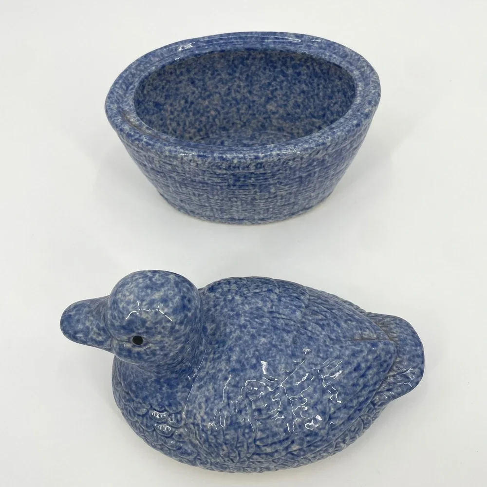 Unbranded Duck Trinket Box Blue Sponge Ware Ceramic Country Cottage‎ Decor Small